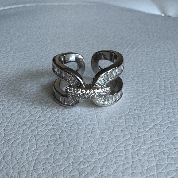Silver and Diamond Baguette Geometric Statement Ring Adjustable New - Picture 5 of 9